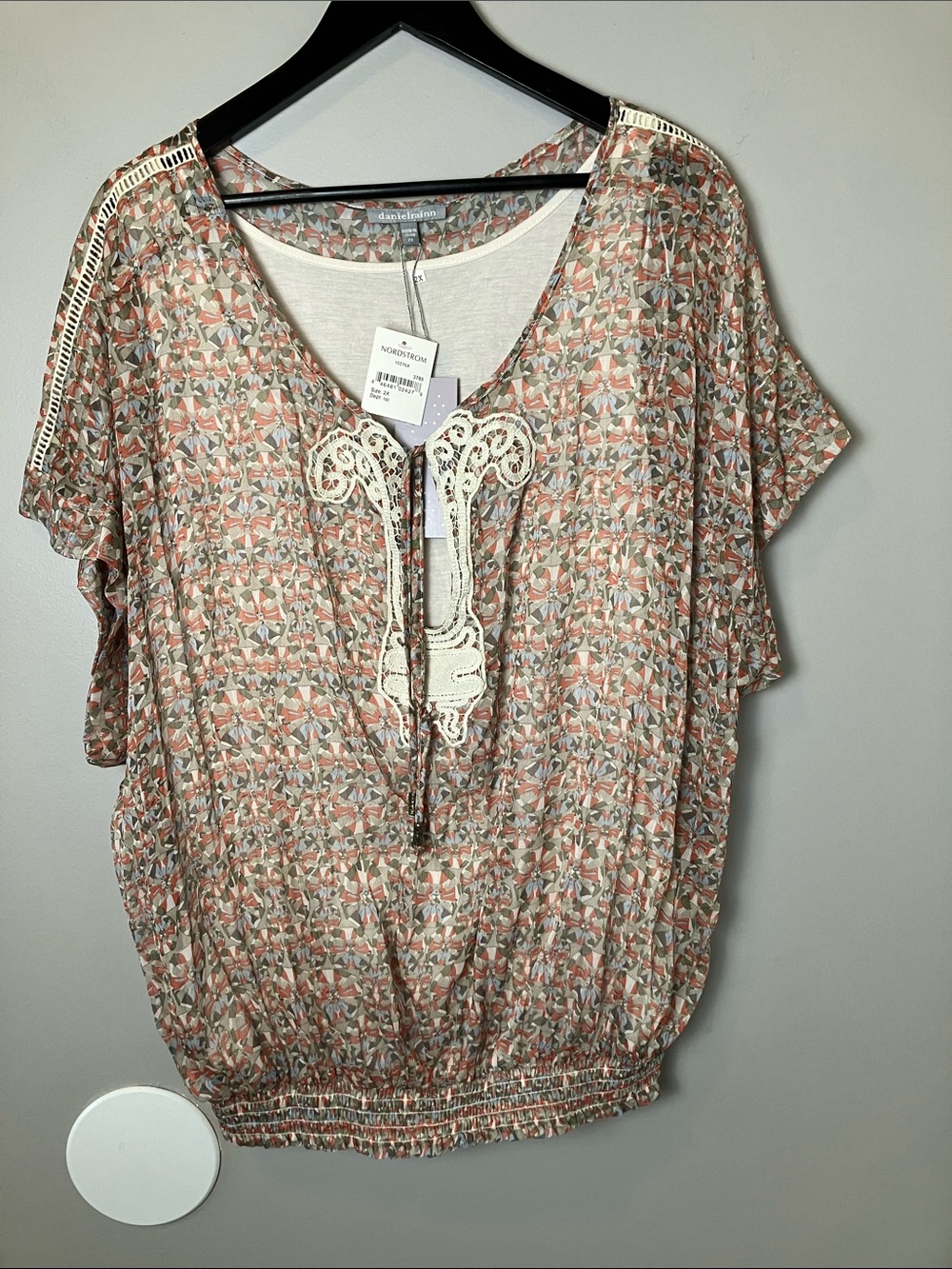 NWT Daniel Rainn 2X Floral Lace-Trim Peasant Blouse Embroidered Boho Plus Size